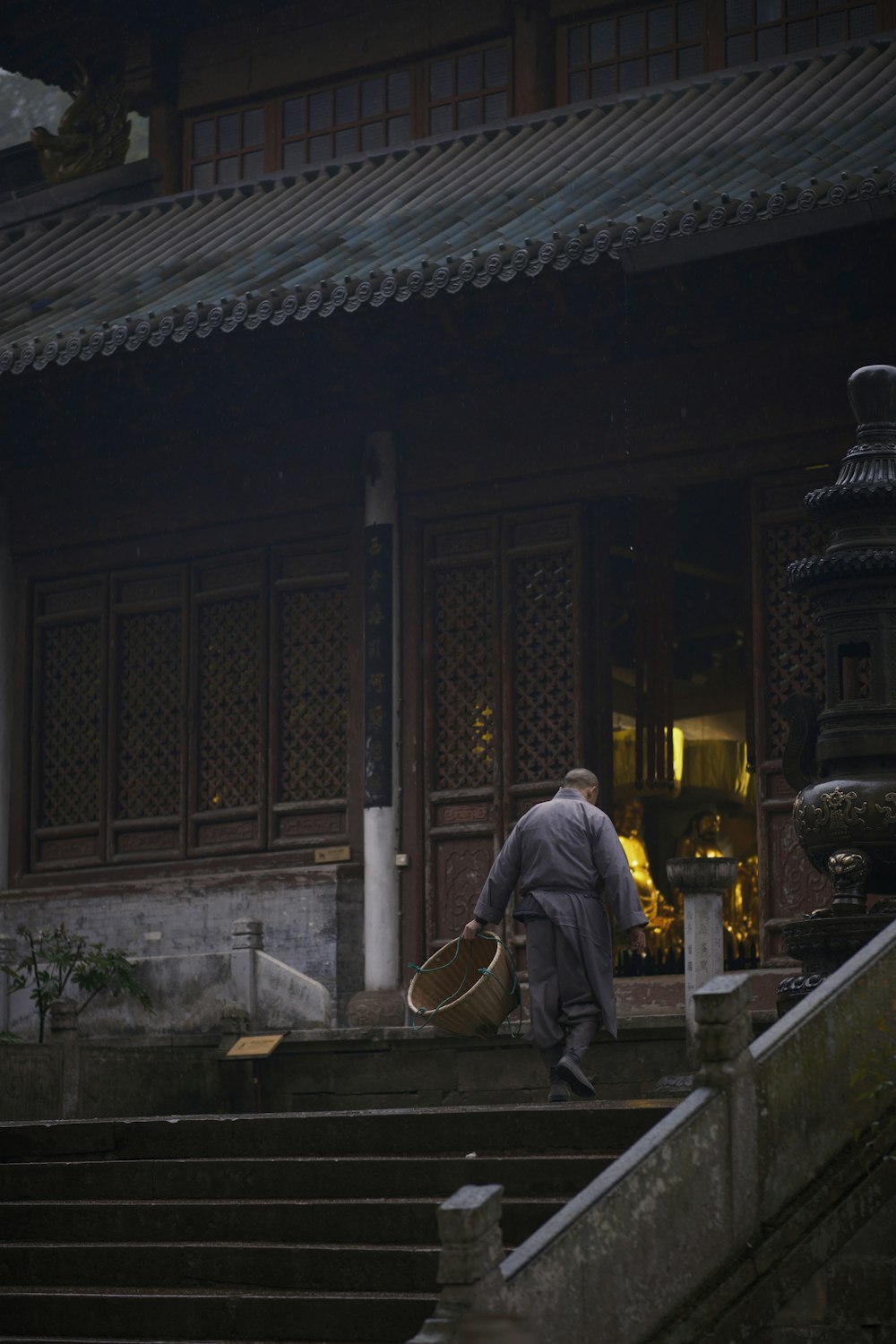 a man walking up a flight of stairs