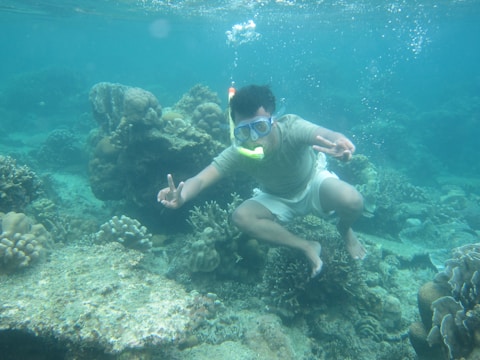 A person is snorkeling underwater surrounded by coral reefs. They are wearing a snorkel mask and giving a peace sign with their hand. The water is clear, allowing the intricate shapes and textures of the corals to be seen.