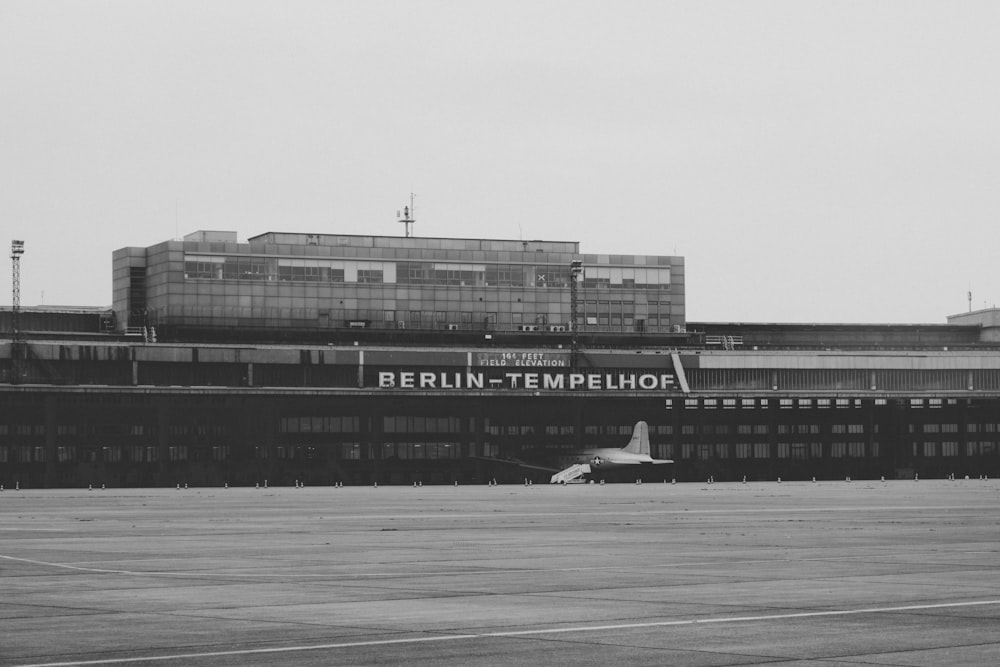 a black and white photo of an airport