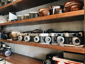 A shelf filled with a collection of vintage cameras and their leather cases. The wooden shelves are neatly organized with cameras of varying designs, predominantly classic models with metallic and black finishes. The ambiance is nostalgic, evoking a sense of appreciation for photography's history.