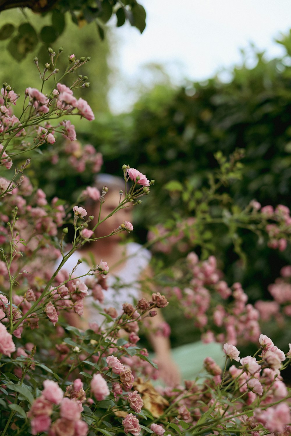 a woman sitting on a bench in a garden