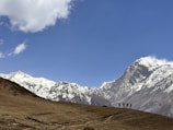 A group of people stand with raised arms on a grassy hill in front of towering, snow-capped mountains under a clear blue sky with a few fluffy clouds.