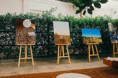 Several photographs mounted on wooden easels are displayed outdoors along a lush green hedge. The first photo appears to show a collection of small round objects with a white gauge on top. The second image captures a scene of a road with what seems to be a vehicle in the distance. The third picture displays a rustic vehicle, possibly a tractor, amidst a rural landscape under a clear blue sky. The final image showcases people gathered around an activity or event.