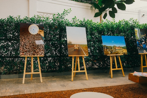 Several photographs mounted on wooden easels are displayed outdoors along a lush green hedge. The first photo appears to show a collection of small round objects with a white gauge on top. The second image captures a scene of a road with what seems to be a vehicle in the distance. The third picture displays a rustic vehicle, possibly a tractor, amidst a rural landscape under a clear blue sky. The final image showcases people gathered around an activity or event.