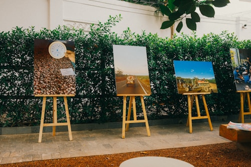 Several photographs mounted on wooden easels are displayed outdoors along a lush green hedge. The first photo appears to show a collection of small round objects with a white gauge on top. The second image captures a scene of a road with what seems to be a vehicle in the distance. The third picture displays a rustic vehicle, possibly a tractor, amidst a rural landscape under a clear blue sky. The final image showcases people gathered around an activity or event.