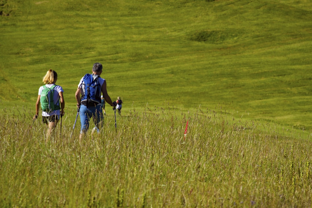 a couple of people walking across a lush green field