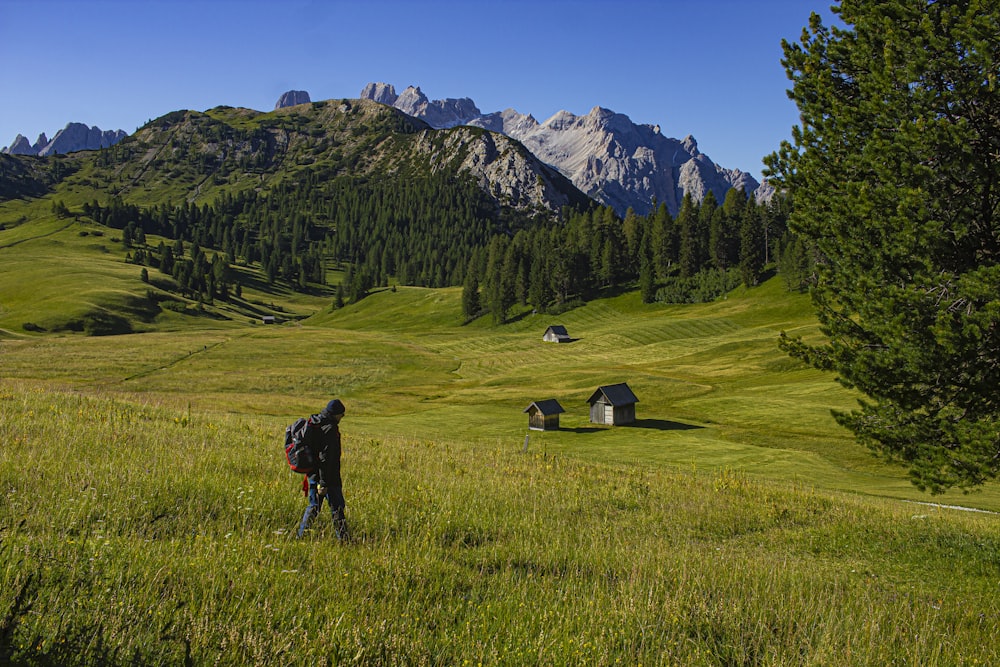 a person standing in a field with mountains in the background