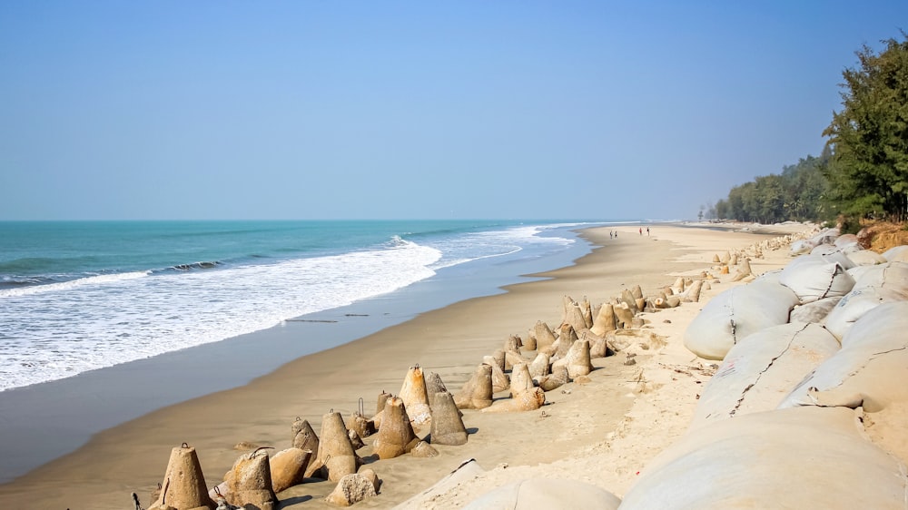 a sandy beach next to a body of water