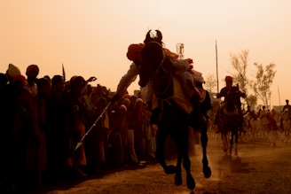 A rider on horseback is performing a stunt amid a group of spectators dressed in traditional attire. The scene is set in a dusty outdoor environment with a warm, golden hue cast by the sunlight. The crowd appears engaged and focused on the performance, with some individuals capturing the moment on their phones.