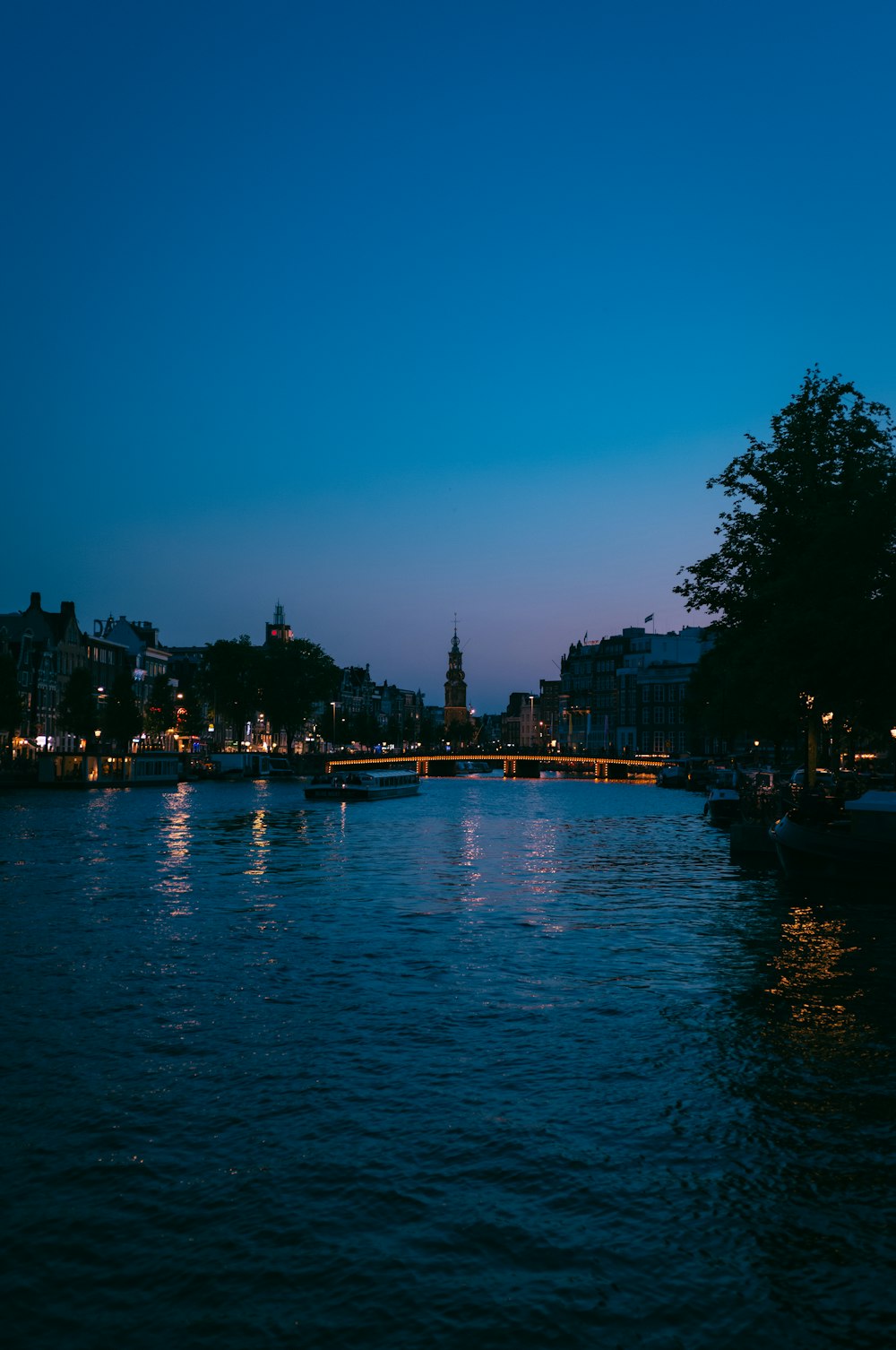 a body of water with a bridge in the background