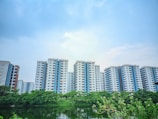 A row of modern high-rise apartment buildings is set against a slightly overcast sky. In front of the buildings, there is a lush green landscape with various trees and a calm body of water reflecting part of the skyline.