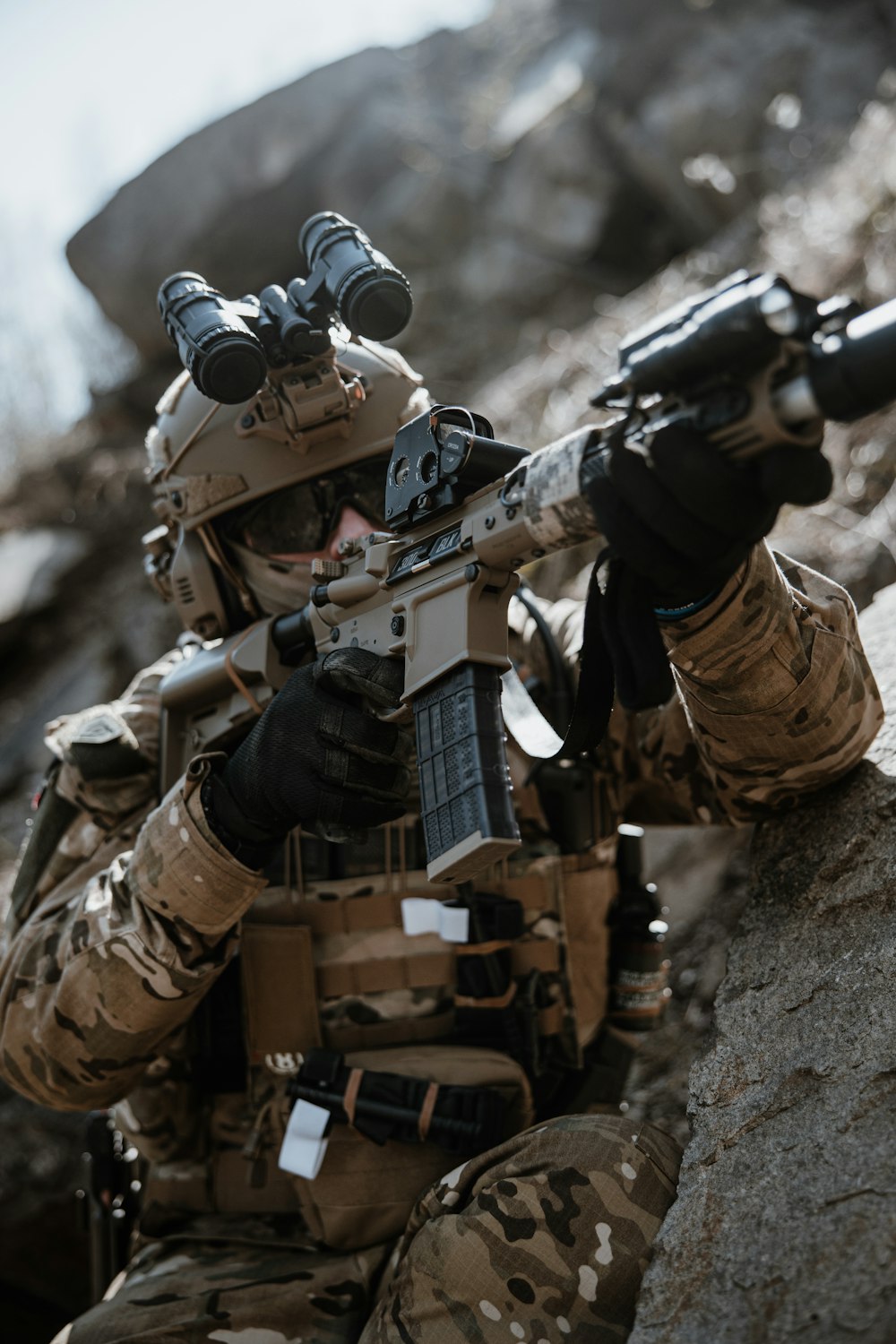 a man in camouflage holding a machine gun