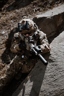 a soldier with a machine gun in his hand