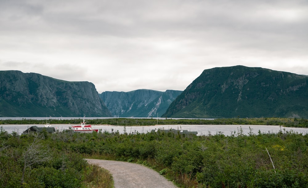 a red boat sitting on top of a river next to a lush green forest