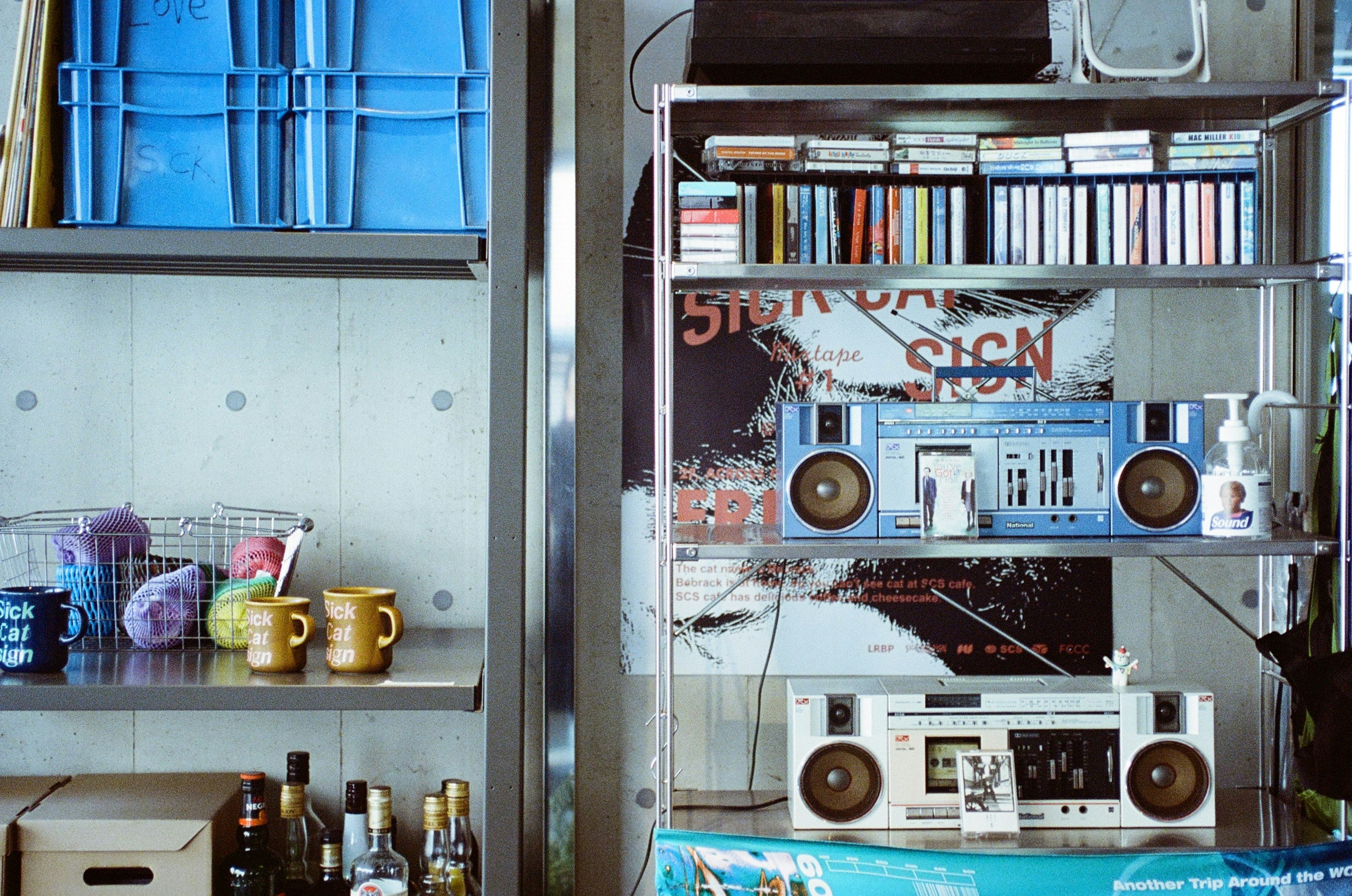 Trendy café interior with books and audio equipment