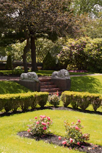 a couple of bushes and some flowers in a yard