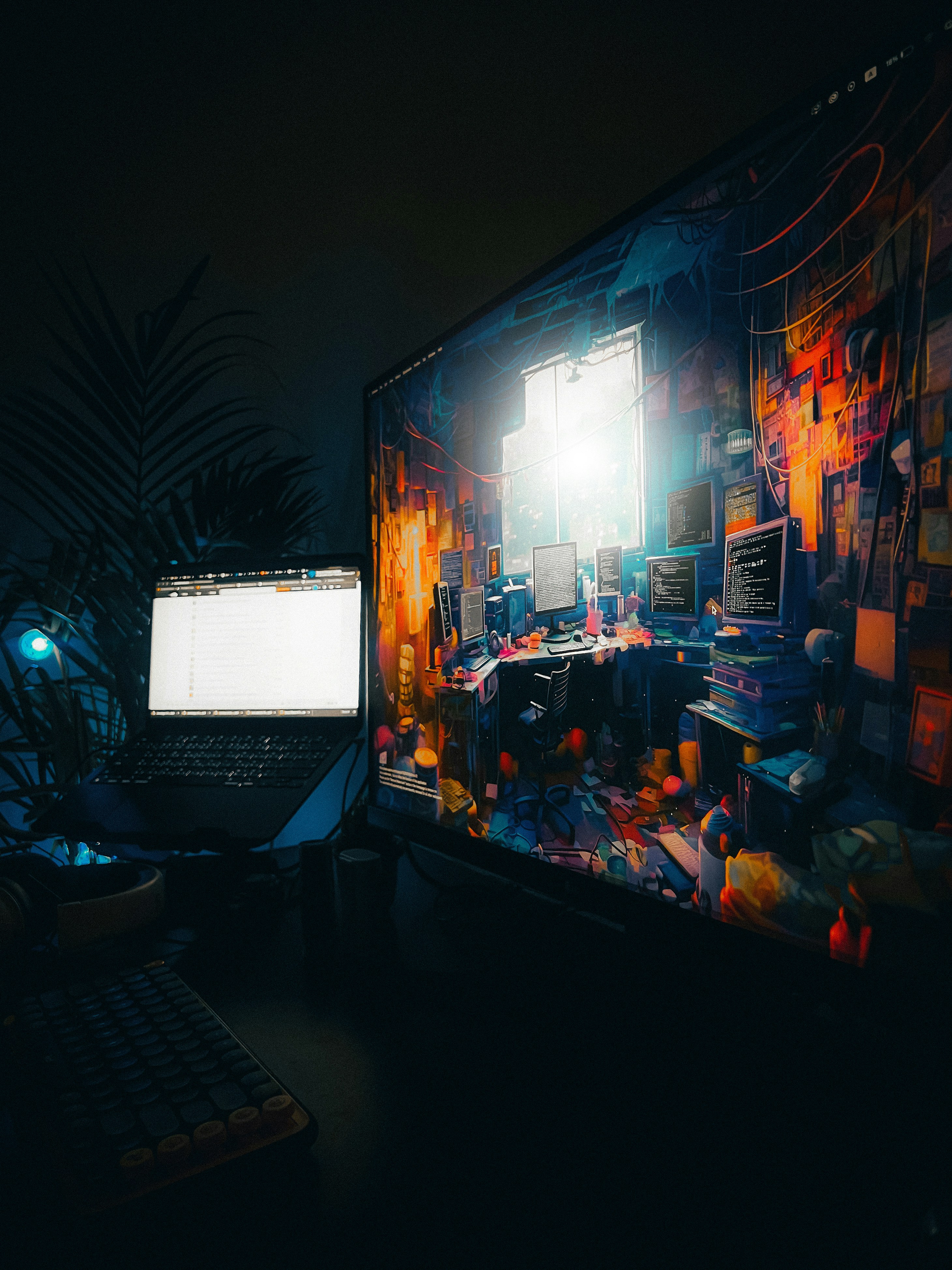 Messy desk with tangled cables, cluttered workspace, rat's nest wiring, chaotic setup, low-key dim lighting