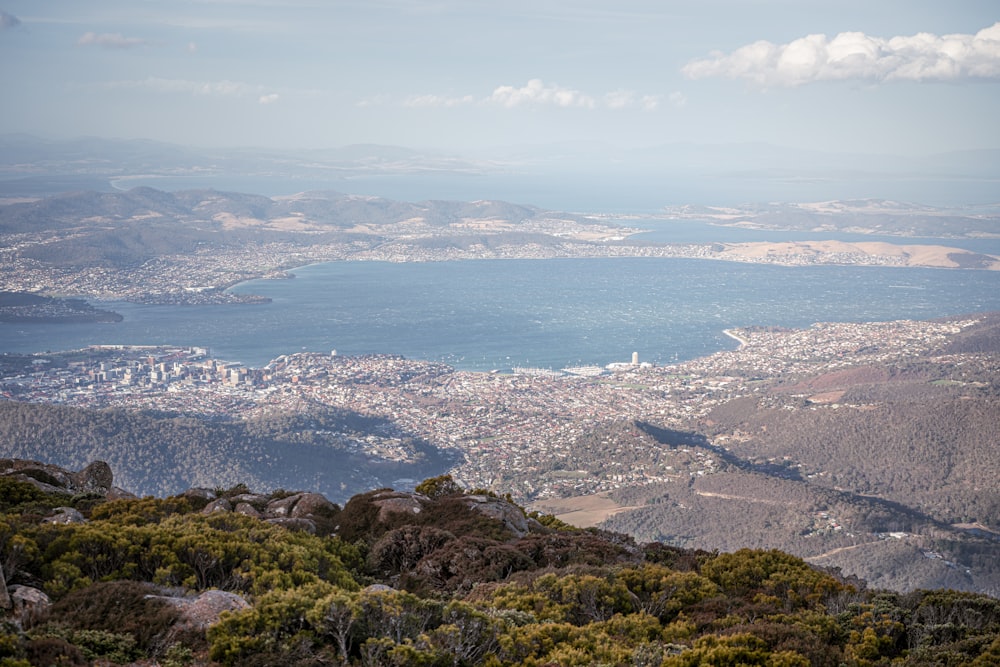 a view of a large body of water from a hill