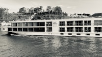 A large river cruise ship with multiple decks and balconies travels along a body of water. The background features a hilly landscape with tall trees and several buildings.