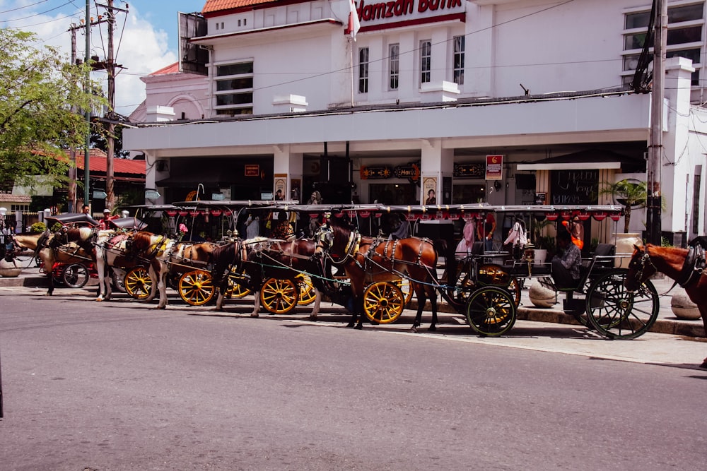 uma fileira de cavalos puxando carruagens por uma rua