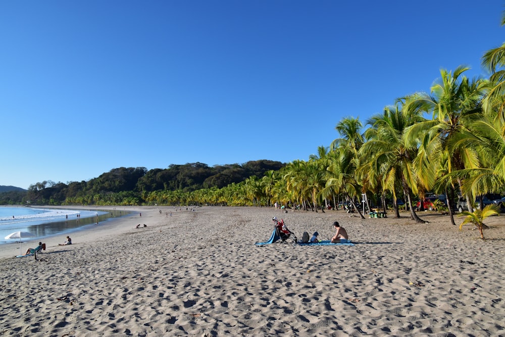 a group of people sitting on top of a sandy beach