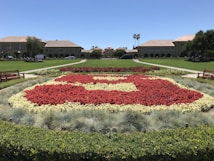 A lush garden features an arrangement of flowers in a recognizable logo pattern prominently displayed in the foreground. The backdrop consists of expansive green lawns leading up to tan-colored institutional buildings with archways and tiled roofs set against a clear blue sky. Benches flank the walkway on the green.