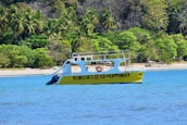 A yellow boat labeled 'SAMARA ADVENTURES' is floating on a blue body of water near a tropical shoreline lined with dense green palm trees and other vegetation.
