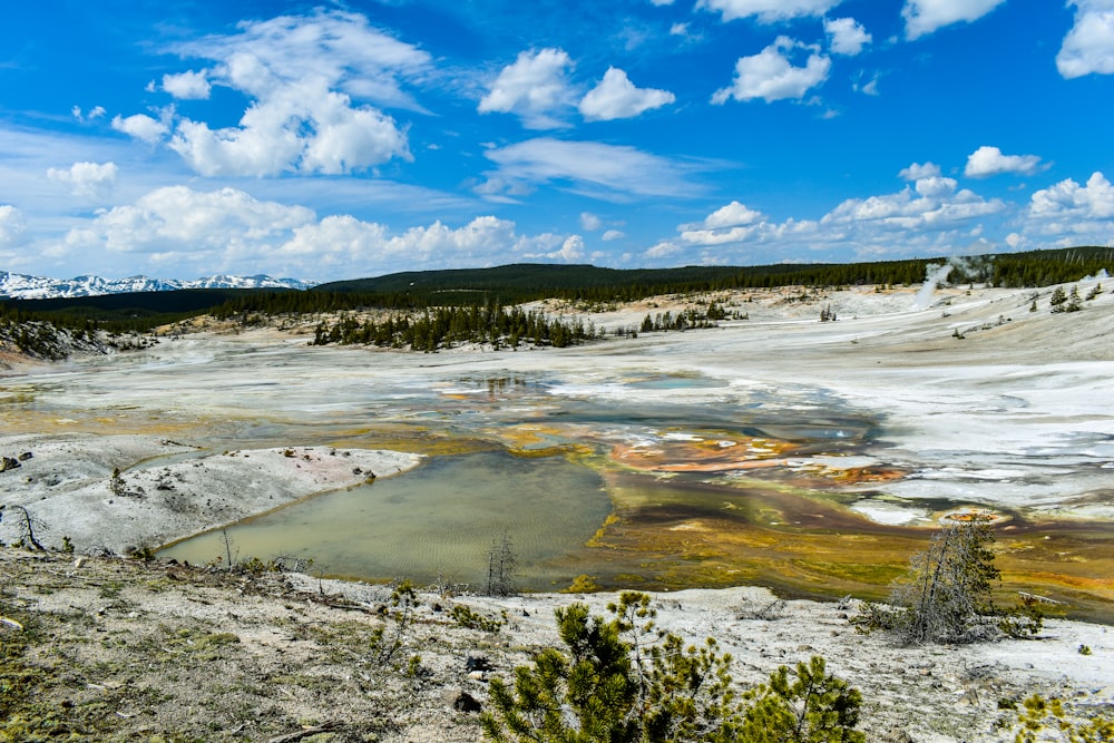 a scenic view of a mountain with a pool of water