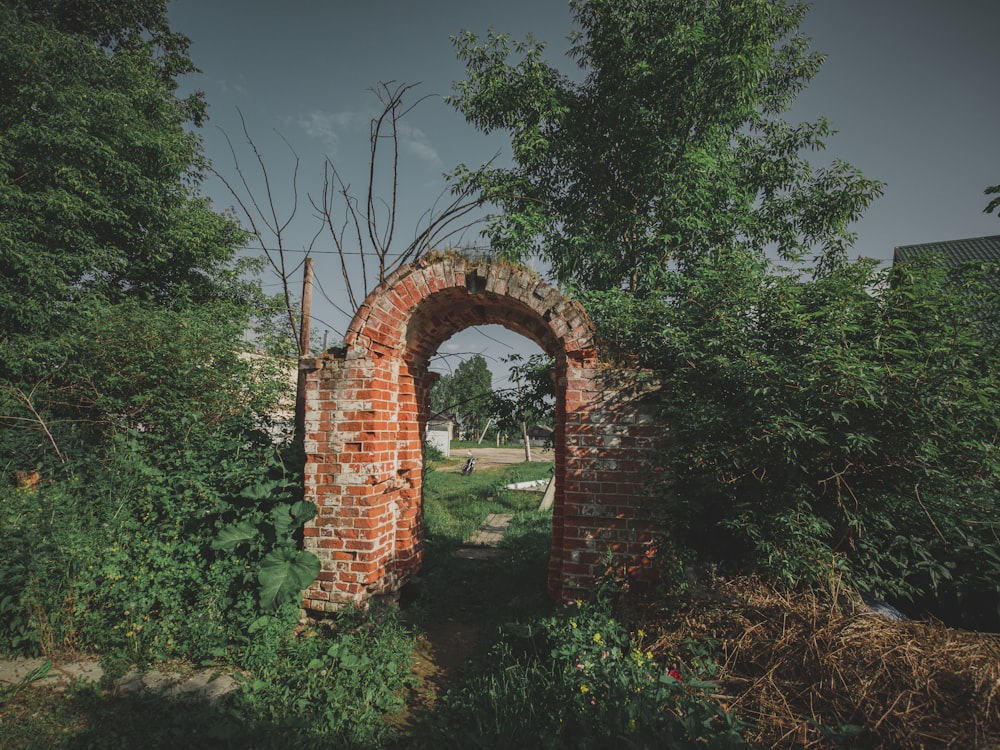 un vecchio arco di mattoni circondato da alberi e cespugli