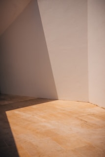 A minimalist scene with a beige wall and floor creating a simple yet striking geometric play of light and shadow. The sunlight casts an angular shadow across the tiled floor, emphasizing the clean lines and serene atmosphere.