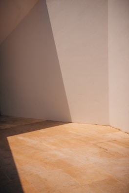 Minimalist interior with warm beige walls and fine linear shadows.