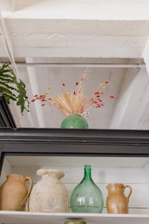 A green vase with intricate patterns contains a dry floral arrangement, featuring red berries and beige botanical elements. Below, various ceramic and glass vessels, including a green glass bottle and brown ceramic jugs, are displayed on a white shelf. A leafy plant partially frames the scene to the left.