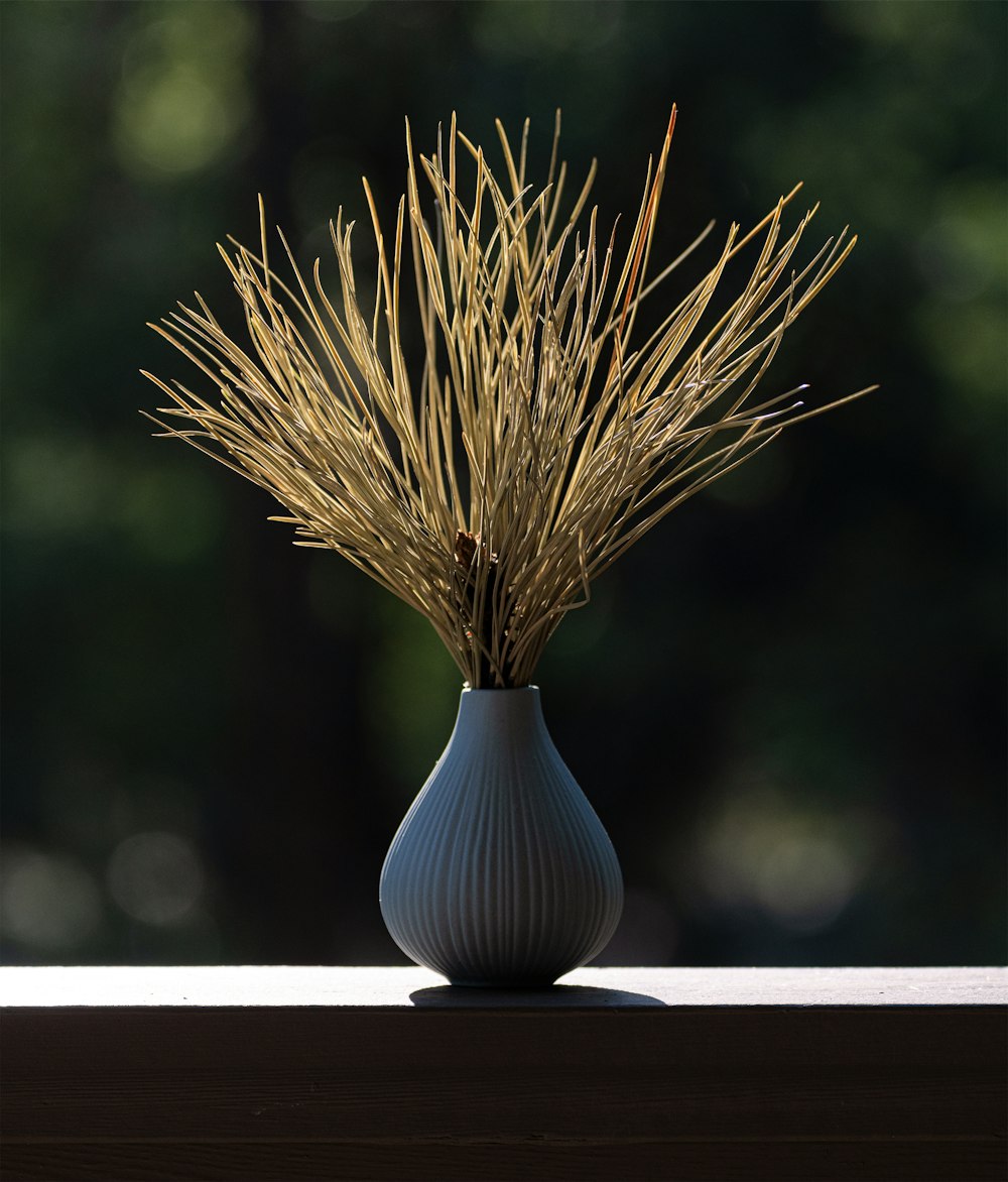 eine mit trockenem Gras gefüllte Vase, die auf einem Tisch steht