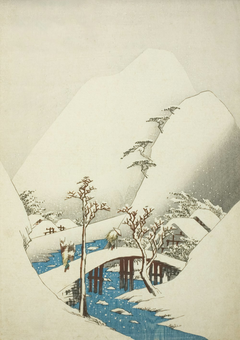 a painting of a snowy landscape with a river