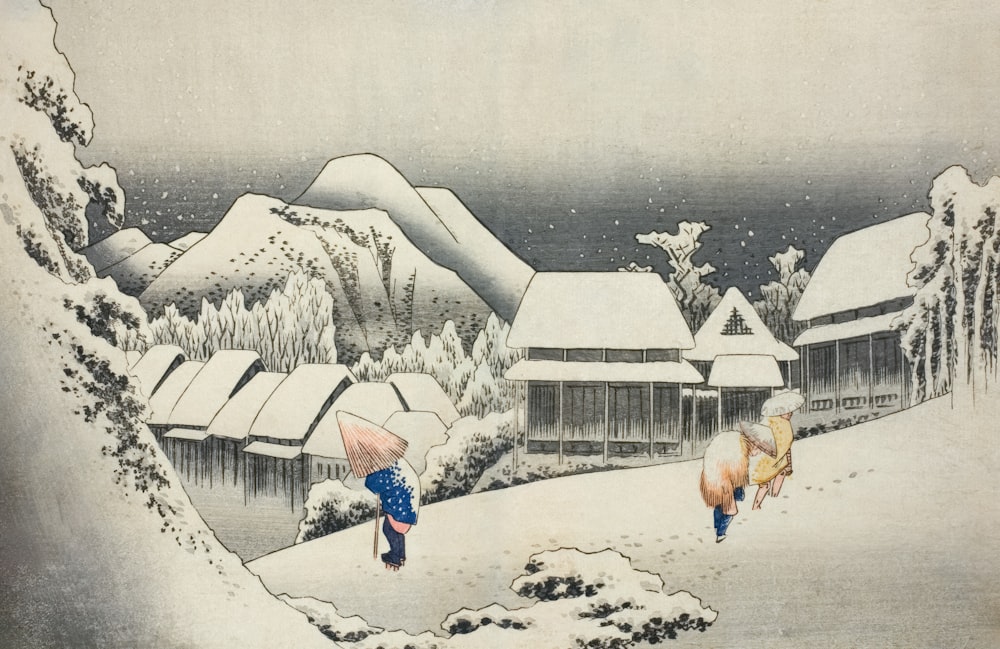Una pintura de dos personas caminando en la nieve
