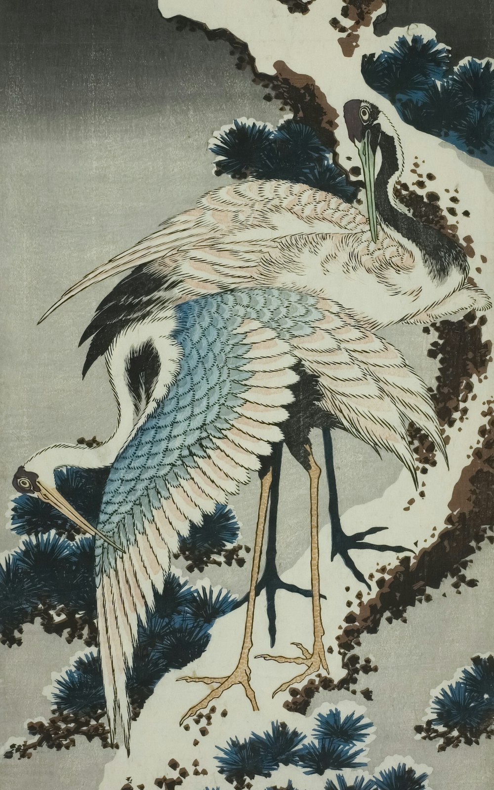 a painting of two birds standing on a tree branch