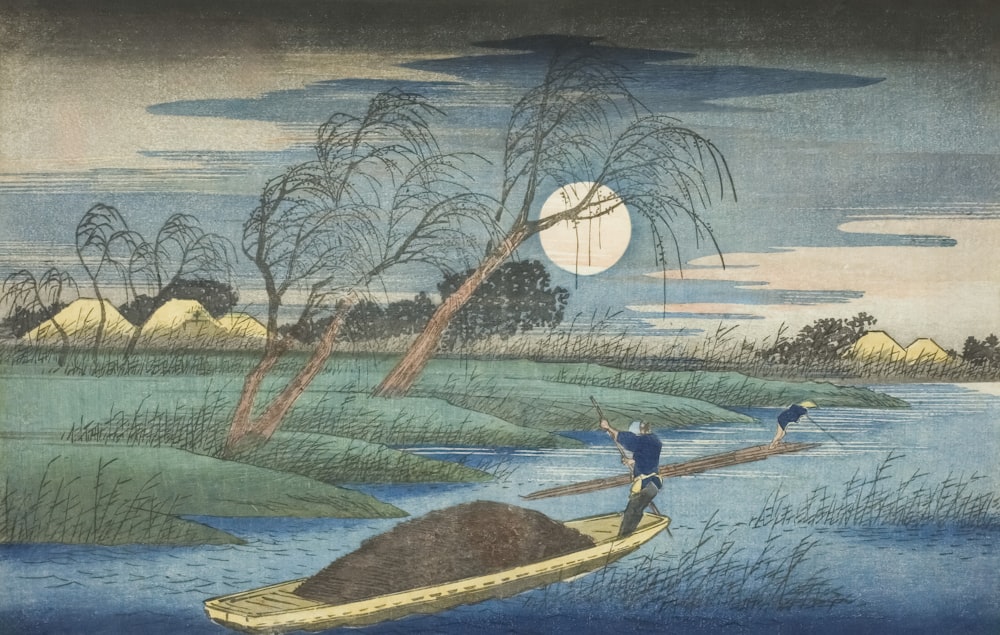 a painting of a man rowing a boat across a river