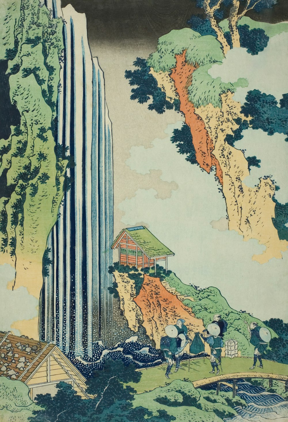 a painting of a waterfall with people near it