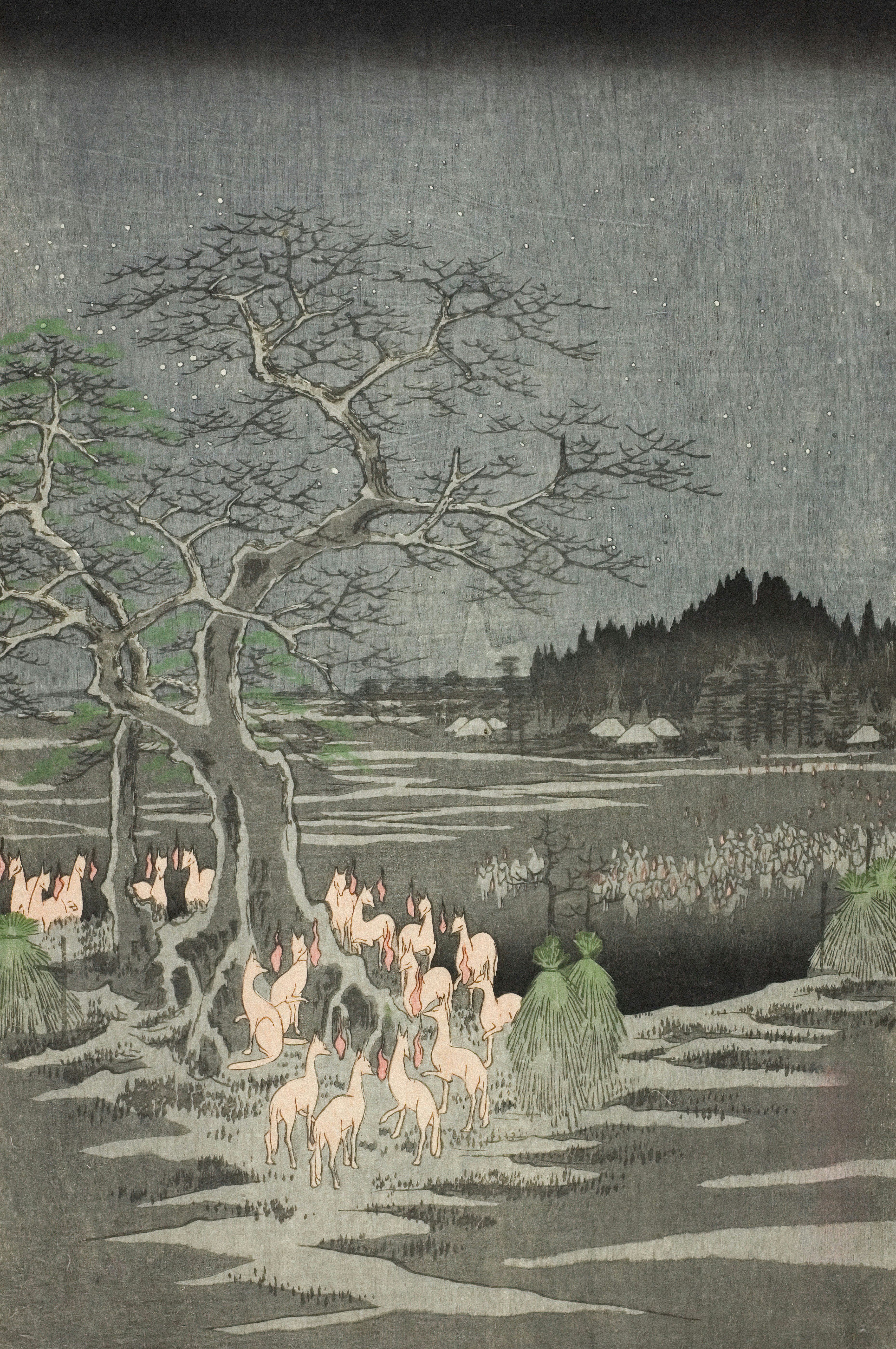 a painting of a group of animals under a tree