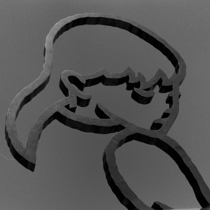 A black and white abstract sculpture of a simplified human profile with flowing lines, set against a plain background.