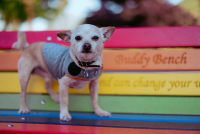 A cheerful small dog wearing a colorful handmade sweater sitting on a sunny garden bench.