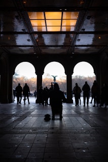 A silhouette of a musician playing an instrument under a beautifully designed ceiling with light reflections. People are walking in the background through an archway, leading to an open park area with a central fountain.