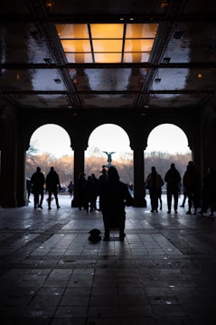 A silhouette of a musician playing an instrument under a beautifully designed ceiling with light reflections. People are walking in the background through an archway, leading to an open park area with a central fountain.