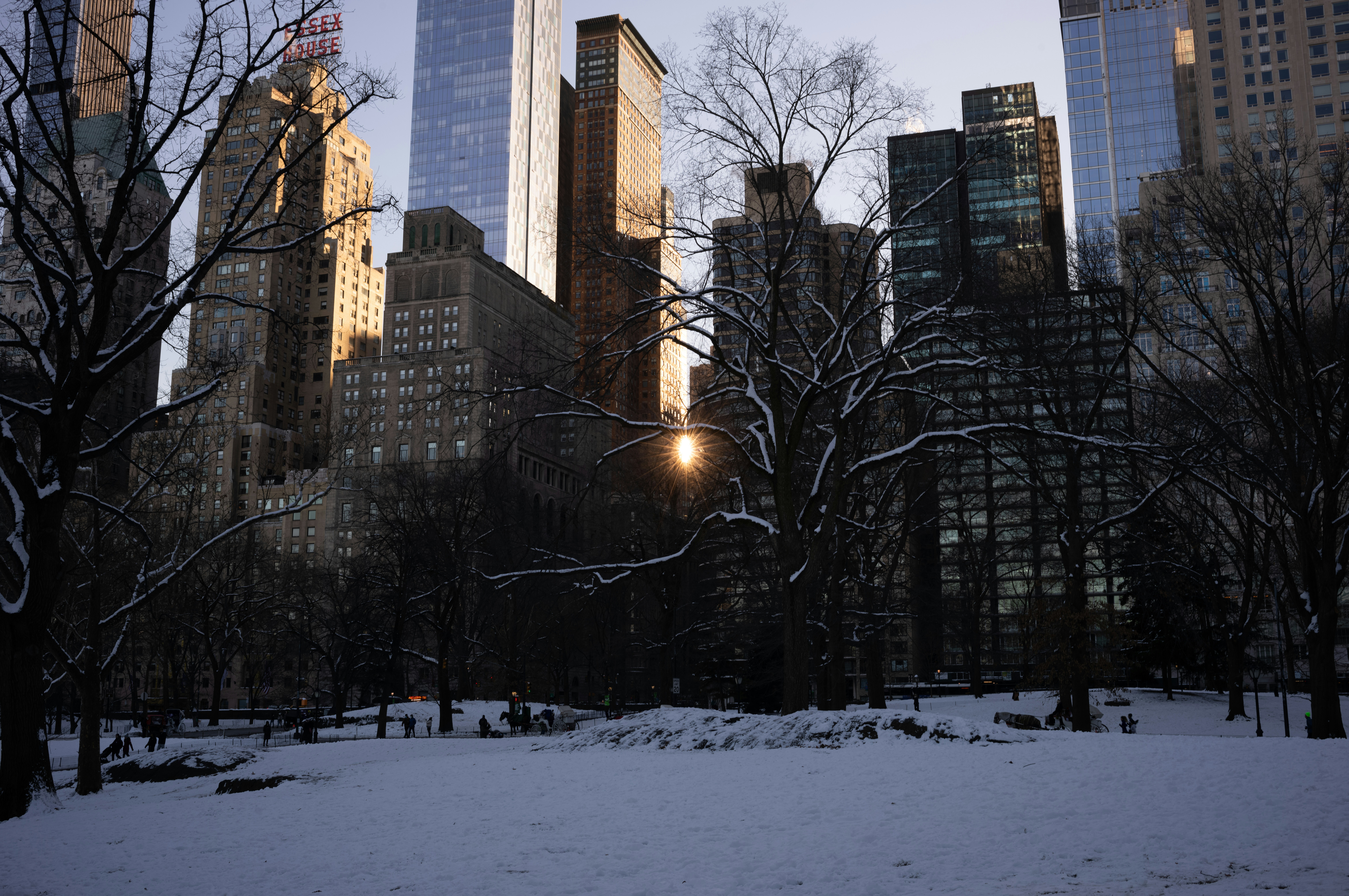 um parque coberto de neve com edifícios altos ao fundo