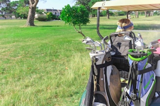 A person is sitting in a golf cart on a golf course. The cart is loaded with several golf bags filled with clubs. The background features a lush green lawn and trees, with a building visible in the distance.