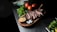 A perfectly cooked steak is sliced and arranged on a wooden serving board. Accompanied by a half-cut grilled lemon and a small dish of coarse salt, the meal is garnished with fresh green herbs and ripe red tomatoes in the background. The setting is likely a kitchen with a metallic surface reflecting the objects.