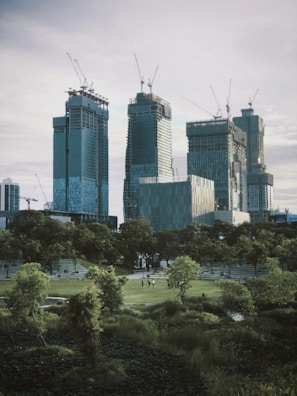 Several skyscrapers under construction dominate the skyline, with cranes visible at the top of each building. In the foreground, a park with lush greenery and a few people walking. The scene suggests a blend of urban development and nature.