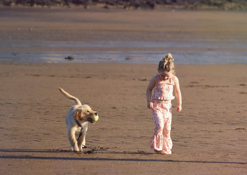 a little girl walking on a beach with a dog