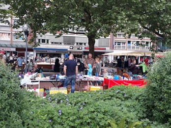 People are browsing and setting up stalls at an outdoor market. Various items such as clothes, books, and accessories are displayed on tables with vibrant tablecloths. The market is set in an urban environment, with buildings and shops in the background. A large tree provides shade, and greenery with purple flowers decorates the foreground.