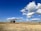 A vast, grassy field under a bright blue sky filled with fluffy white clouds. Two trees stand in the middle distance, while a pair of portable toilets is visible on the right. The area is open and stretches to an embankment in the background.
